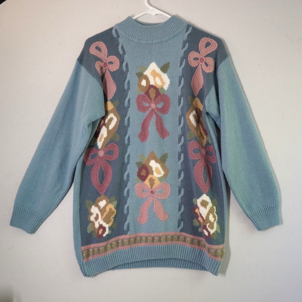 VTG Alfred Dunner Knit Sweater Floral Bows Mock Neck Pullover Blue Small Granny